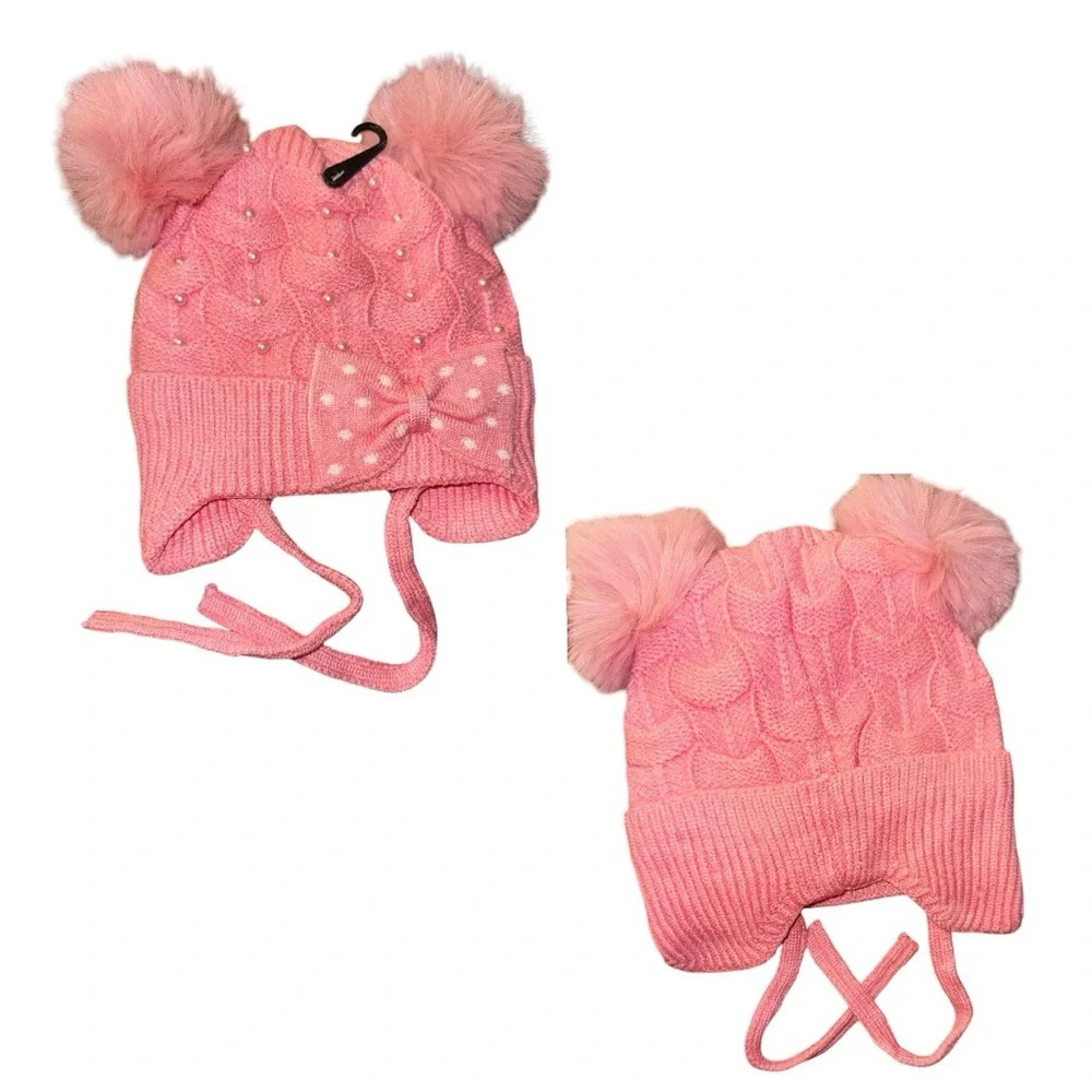 Kids' Double Pom Beanie pearl with a front bow‎ new